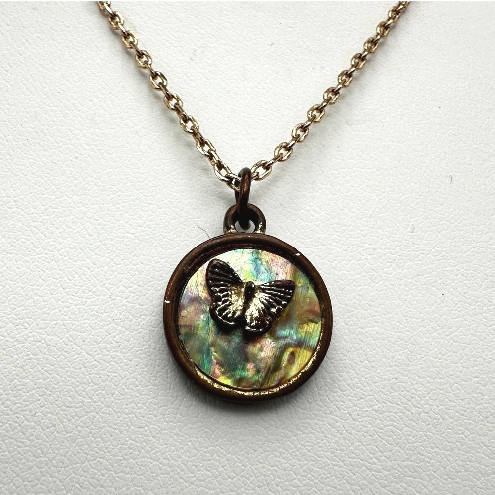Vintage 90s Butterfly Abalone Shell Pendant Necklace Gold Tone Women's Jewelry
